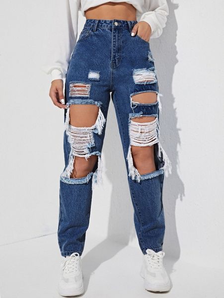 

high waist cut out ripped frayed straight leg jeans g7kk#, Blue