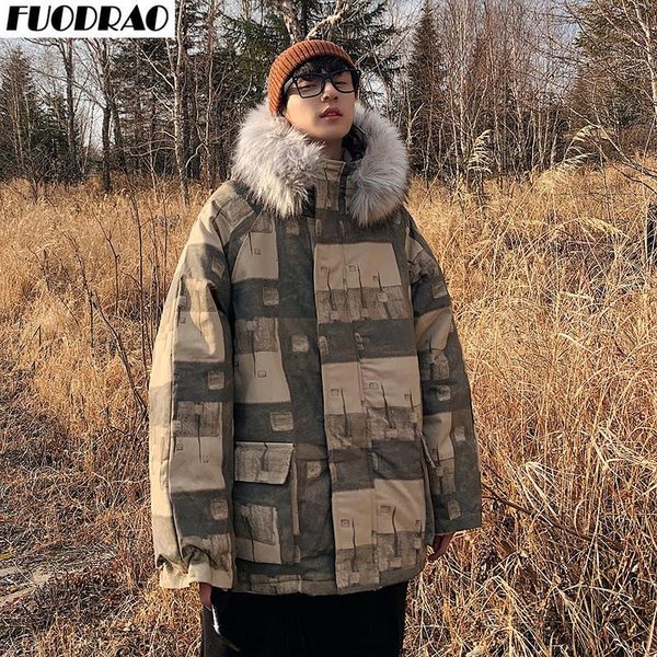 

fuodrao thick winter jacket men streetwear fur collar hooded parka man harajuku japanese plaid jacket coats plus size 5xl j2031, Black