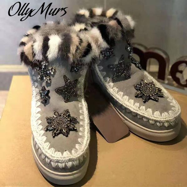 

ollymurs bling кристалл fur boots flats женщин уравновешивания зимняя шерсть теплая ботильоны дизайнерские женская обувь zaatos mujer, Black