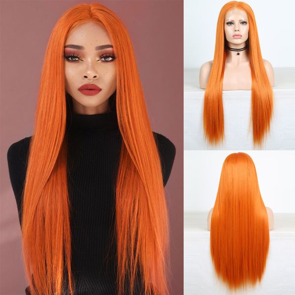 

charisma long silky straight hair orange wig synthetic full lace wig middle part high temperature hair lace wig, Black;brown