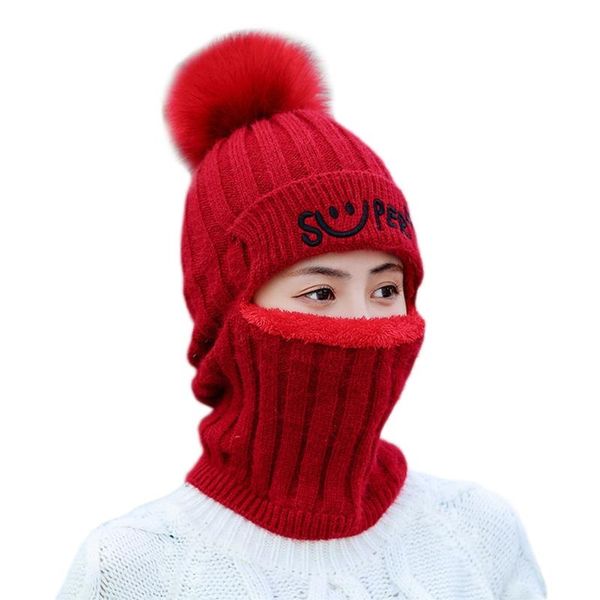 

women winter knit beanie balaclava hat letters fleece lined zipper face mask cap a0nf, Blue;gray