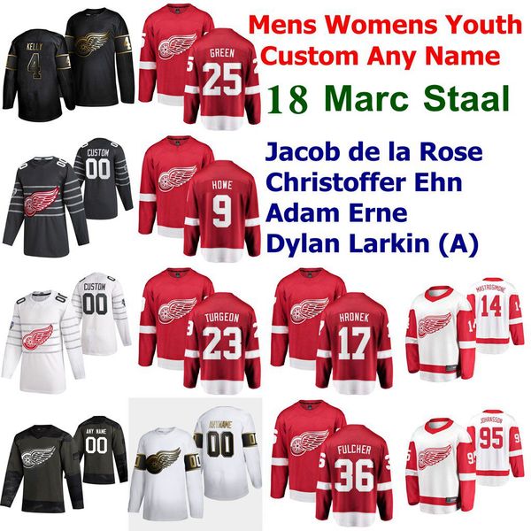 

golden edition detroit red wings hockey jerseys 18 marc staal 71 dylan larkin tyler bertuzzi anthony mantha justin abdelkader custom stitche, Black;red