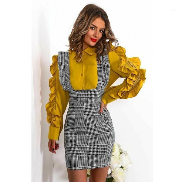 

fashion elegant overall suspender skirt women houndstooth lace ruffle high waist bodycon jupe mujer skirts black clothes1