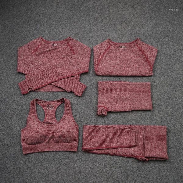 

yoga outfits women's seamless set sport suit workout clothes long sleeve gym dancing high waist leggings fitness running 5pcs sportswea, White;red