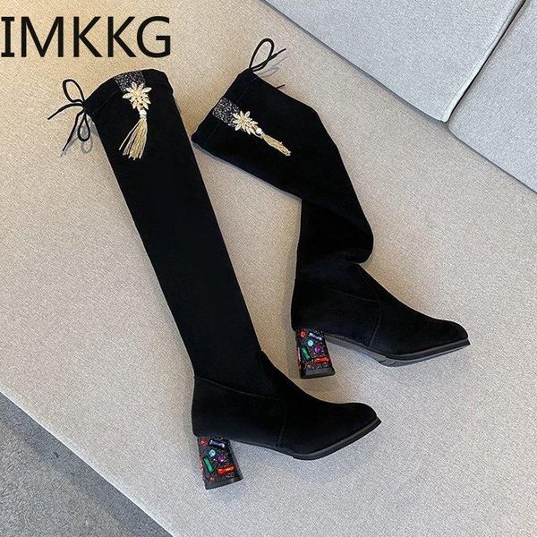

2021 slim boots knee high pu flock women snow boots women's fashion winter rhinestone botas feminina leather, Black