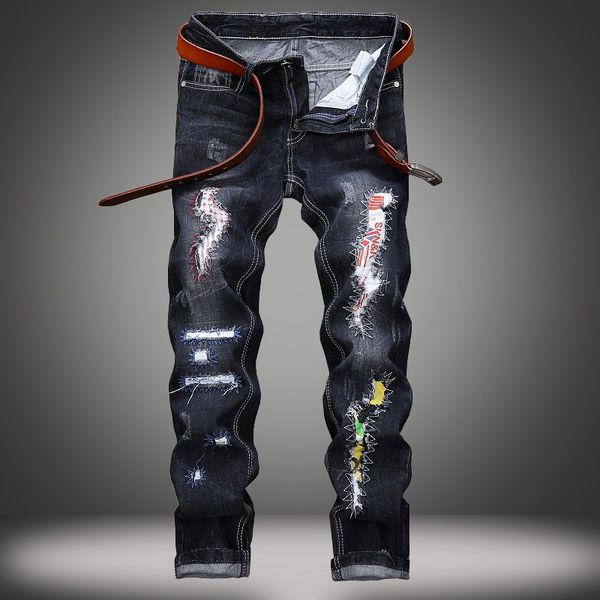 

1j new european and american jeans mens foreign trade hole patch straight tube personalized fashionable mens pants wholesale, Blue