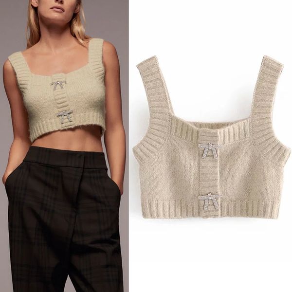 

2021 new women rhinestone buttons cropped knitted sweater vest woman fashion wide straps sleeveless pullover 1lpm, White;black
