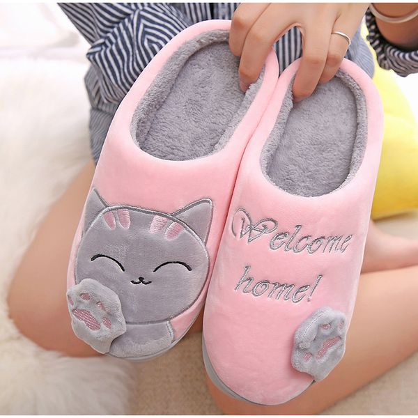 

women home slippers winter warm plush couple shoes female cat animal slip on soft indoor flats comfort ladies man plus size x1020, Black