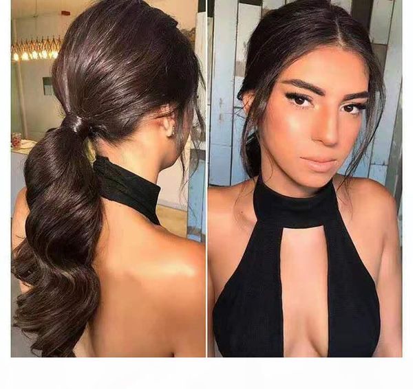 

20 inch long body wave ponytail extension magic paste clip in yaki wavy human hair wrap around ponytail black hairpiece for women
