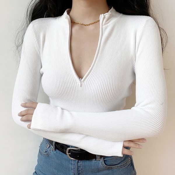 

women hip zip ribbed knit jumper skinny crop knit 201031, White;black