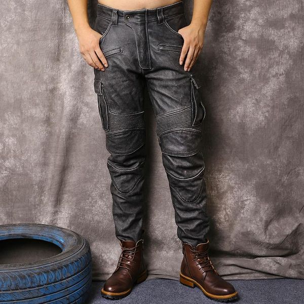 

men's pants 100% genuine leather men cowhide mens trousers motorcycle plus size 5xl autumn winter 2021 pantalon cuir pph2623, Black