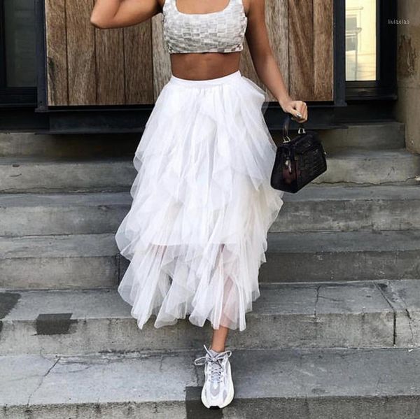 

women irregular hem mesh tutu skirt fashion elastic high waist long tulle skirt fashion spring party for ladies1, Black