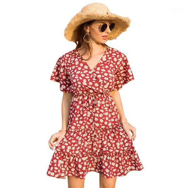 

summer chiffon casual dress 2020 boho beach dress fashion short sleeve v-neck flower a-line party dresses sundress vestidos1, Black;gray