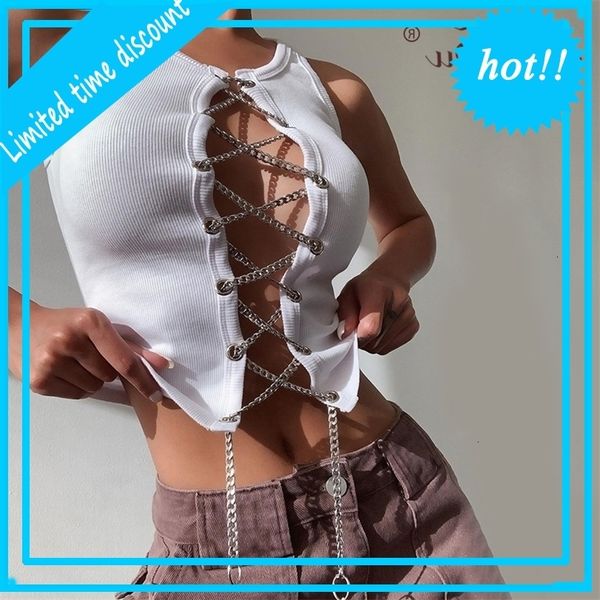 

artsu punk style sleeveless hollow out metal chain bandage white crop women club party black tank west streetwear