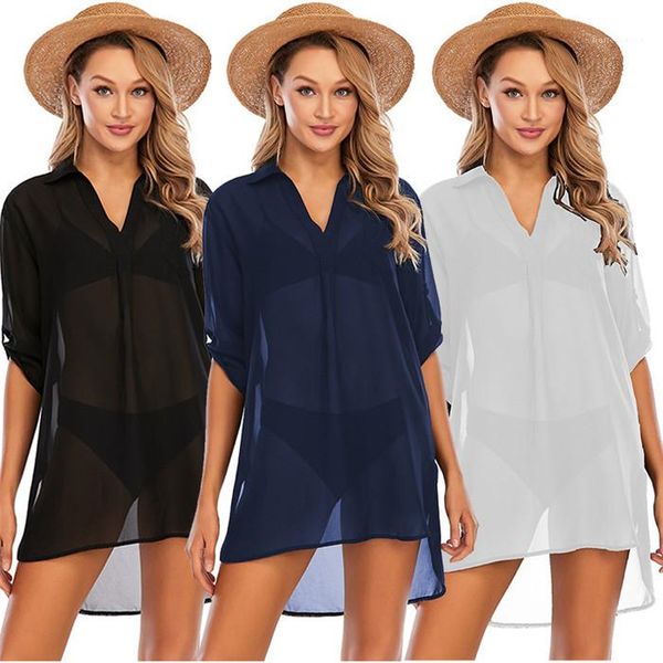 

chiffon blouses 1/2 sleeve v neck comfortable bikini shirts coat summer beach cover up swimwear clothes loose womens beach, White