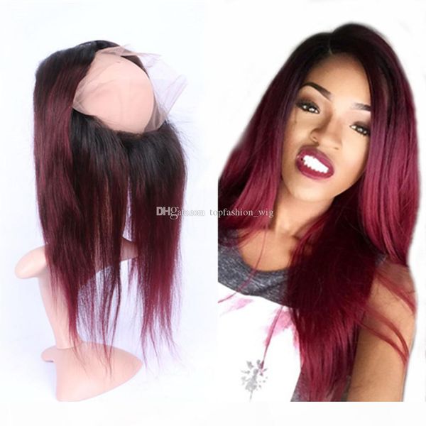 

burgundy red ombre 360 band lace frontal closure with baby hair straight 1b 99j wine red ombre full frontal 360 lace band closure, Black;brown