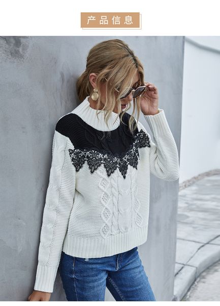 

2021 new womens knit lace trim mock neck long sleeve sweaters fbn9, White;black