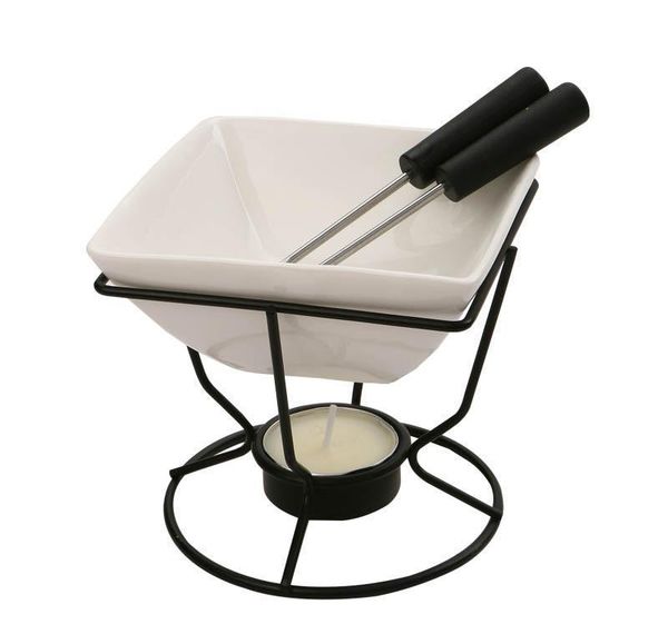 

ceramic chocolate melting oven white porcelain cheese chocolate fondue set with black iron tealight burner and forks gga2850 wmthovl
