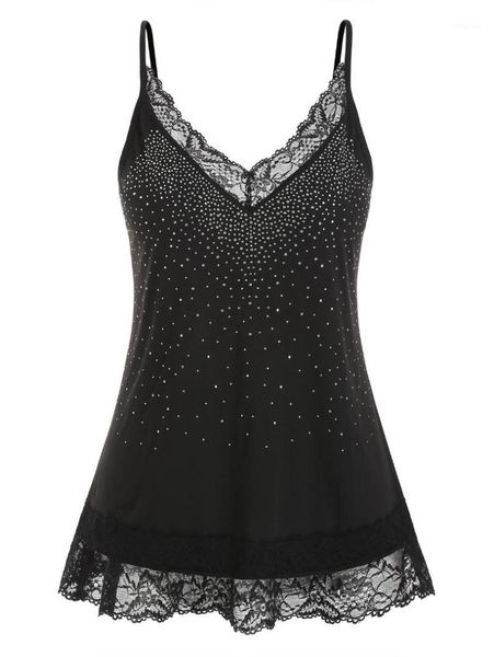 

rosegal plus size camis shirt summer fashion womens rhinestone lace tank female t-shirt spaghetti strap camisole tees1, White