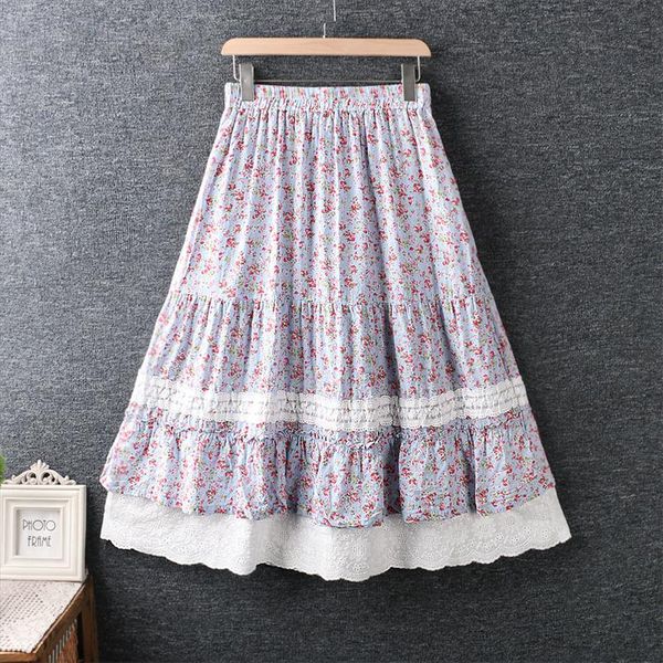 

романтические цветы печати кружевные слои литературу mori девушка сладкая эластичная талия длинная юбка торта saia dow, Black