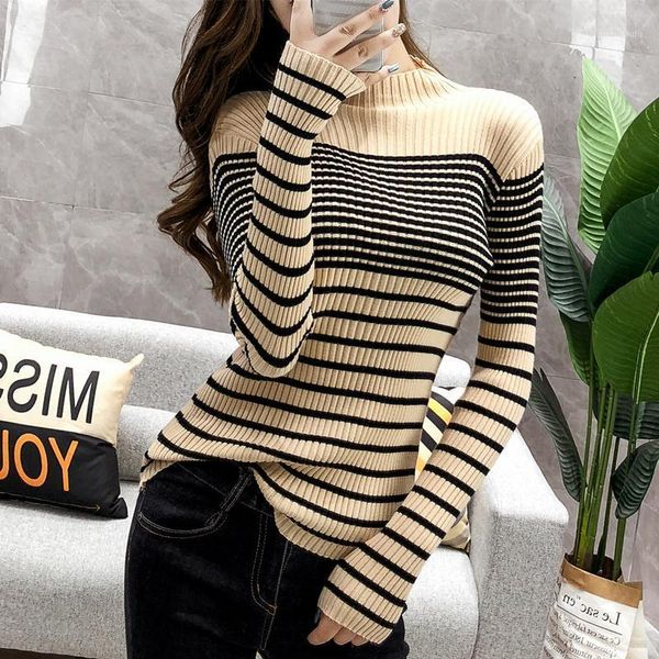 

turtleneck ribbed women sweater high elastic stripe 2020 fall winter sweater women slim knitted pullover green white jumper1, White;black