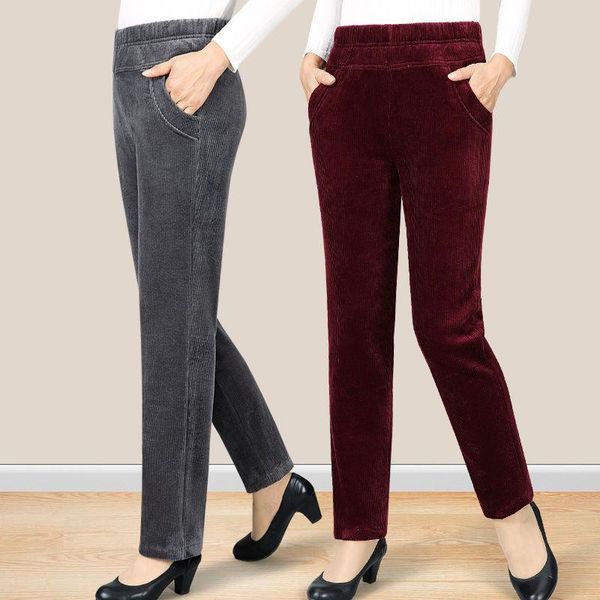 

women 2021 autumn winter fashion solid color casual pants female high waist straight pants middle-aged corduroy trousers q673, Black;white
