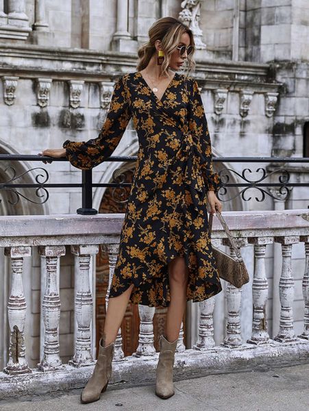 

skirt v-neck bubble long sleeve new high waist bandage with lotus leaf hem slim drs, Black;gray