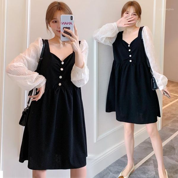

maternity dresses 0812# 2021 spring korean fashion dress sweet v neck slim waist patchwork clothes for pregnant women black pregnancy1, White