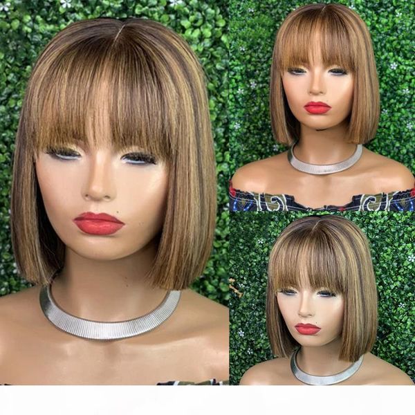 

straight 13x4 highlight bob wig with full bangs short bob wig lace front full end human hair wigs for black women remy, Black;brown
