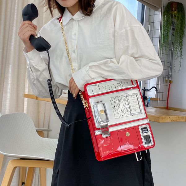 

creative telephone shape women shoulder bags designer chains crossbody bag luxury patent leather messenger bag funny cute purses c1016