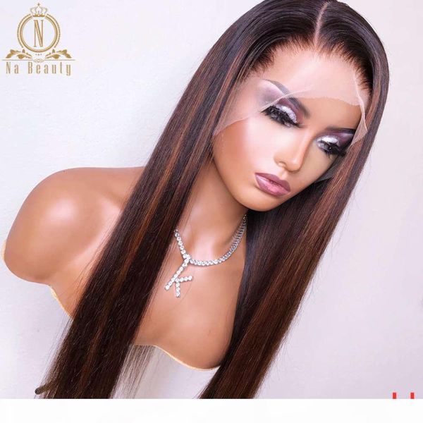 

black with brown highlight hd transparent pre plucked ombre color 13x4 lace front human hair wig remy nabeauty 150%, Black;brown