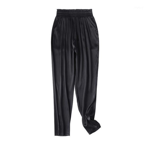 

womens harem pants real silk solid elastic waist ankle-length pants with pockets black trousers1, Black;white
