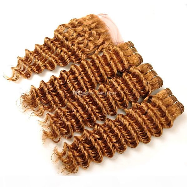 

honey blonde 3 bundles with closure brazilian deep wave curly remy human hair weave #27 4*4 lace closures bleach knot 4pcs lot, Black;brown