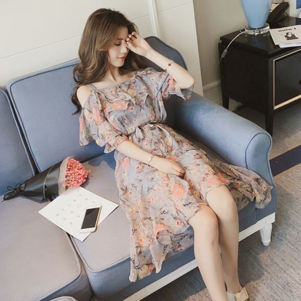 

2020 летней сладкая одна линии воротник suspender цветочных строп платья середины lengthshoulder шифон женщины платья праздник качели 4k5na, Black;gray