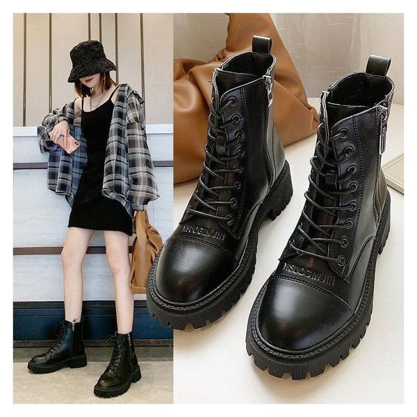 

boots women's shoes platform chunky motorcycle women autumn fashion casual round toe lace-up black short hoof heels