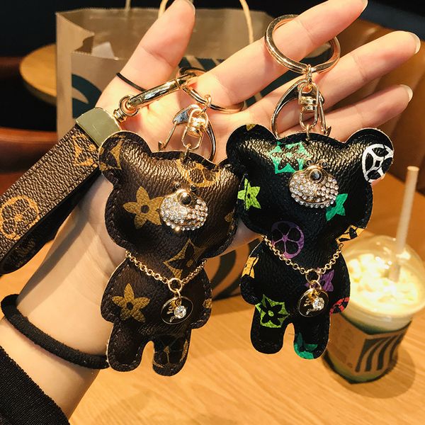 

2020 new fashion key chain accessories tassel key ring pu leather bear pattern car keychain jewelry bag charm, Silver
