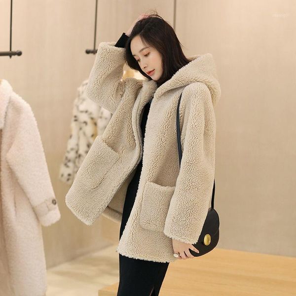 

hstar autumn winter women 2021 new fashion korean zipper faux fur outwears female casual hooded jackets wool fur coats1, Black