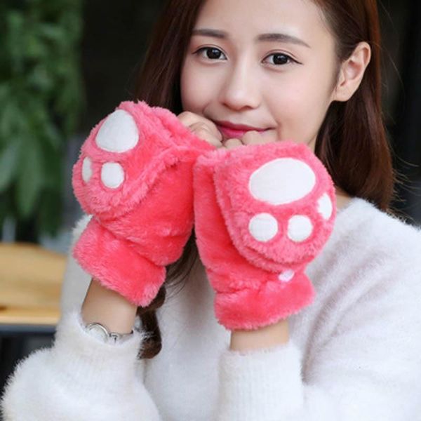 

five fingers gloves autumn and winter plus velvet thick warmth half-finger cute ladies plush clamshell student touch screen cat claw e62, Blue;gray