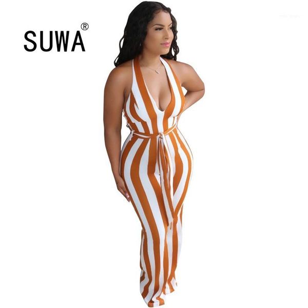 

jumpsuit for women 2020 elegant summer deep v neck high waist skinny tie dye striped office jumpsuit fashion one piece1, Black;white