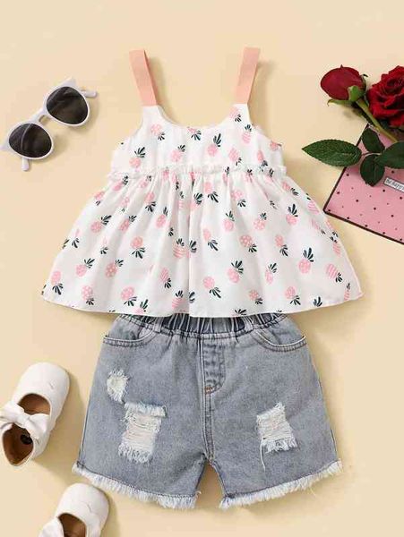 

baby girl cartoon graphic frill trim cami with denim shorts she, Blue