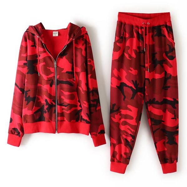 

2020 autumn hooded casual cotton red camouflage print two piece set hoodies and pants korean modis loose couple tracksuit women, Gray
