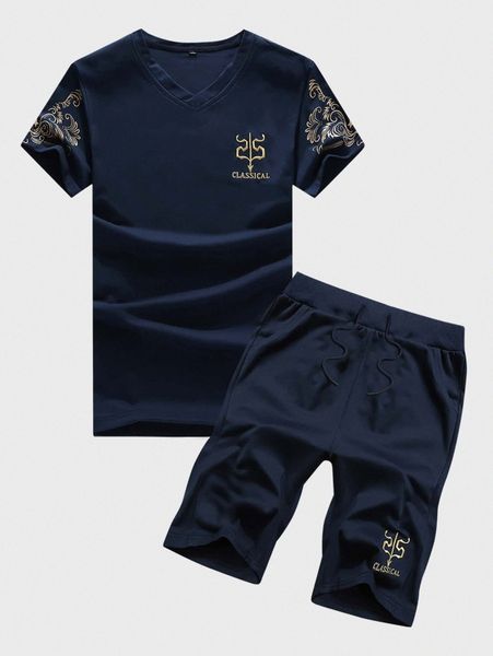 

men letter & graphic print tee & drawstring shorts z4oo#, Gray