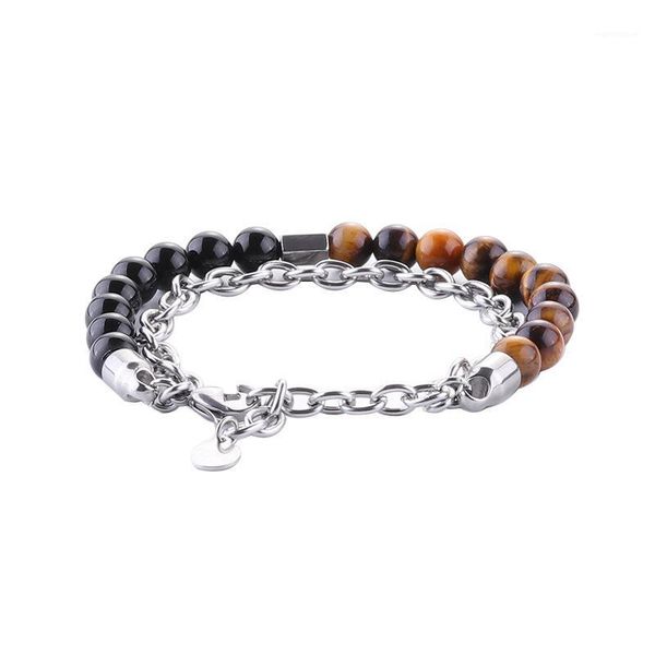 

bracelet mens Black Onyx beads natural stone chain on hand stainless steel tiger eye charm bracelet male Steampunk hip hop 20201