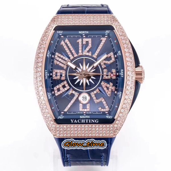 

version new saratoge v45 sc dt yachting 5n blue dial miyota 8215 automatic mens watch rose gold diamonds case leather designer watches, Slivery;brown