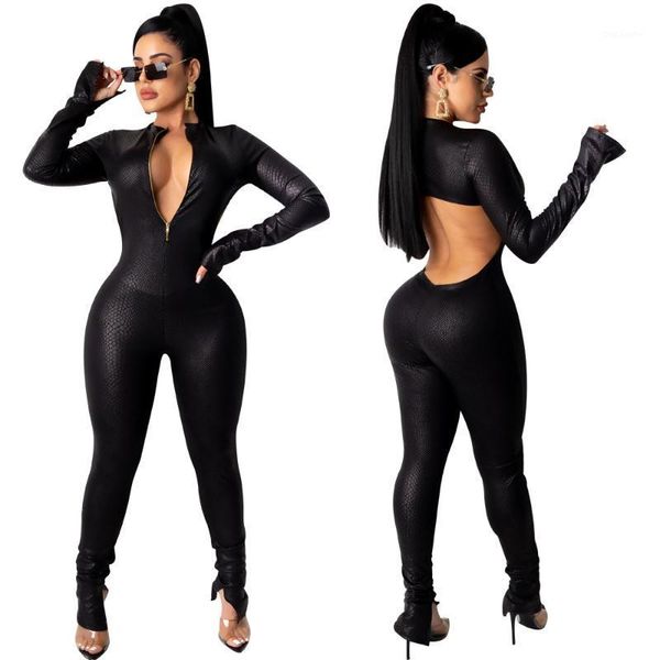 

lady black party jumpsuits 2021 new arrivals deep v neck long sleeves backless skinny rompers nightclub bar stacked pants1, Black;white