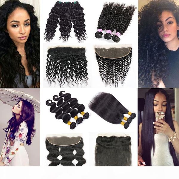 

peruvian brazilian malaysian hair bundles with closure body wave straight kinky curly water deep curly human hair lace frontal with bundles, Black;brown