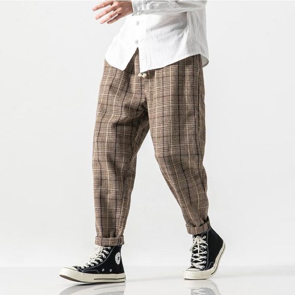

men winter loose thick woolen harem pants streetwear hip hop plaid casual trousers male joggers sweatpants1, Black