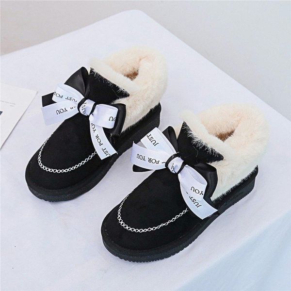 

shoes woman flat heels casual botas mujer dropshipping women fashion bowknot rhinestones winter faux fur warm plush snow boots, Black