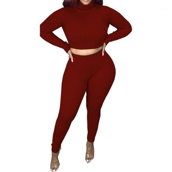 

womens fall 2020 knit two piece set turtleneck long sleeve crop woman ribbed tracksuit 2 piece sweater pants set high waist1, Gray
