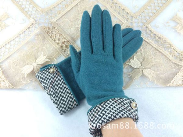

autumn buckle and winter new can women' be turned over thousand birds extra single fashion warm wool cashmere gloves, Blue;gray